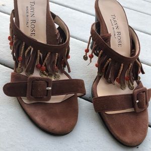 Taryn Rose Brown Suede Fringed Heel Sandal Size 8